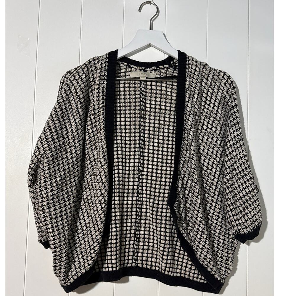 LOFT Open Knit Cardigan Cotton Linen Blend Black Cream Dolman Sleeve Size XS